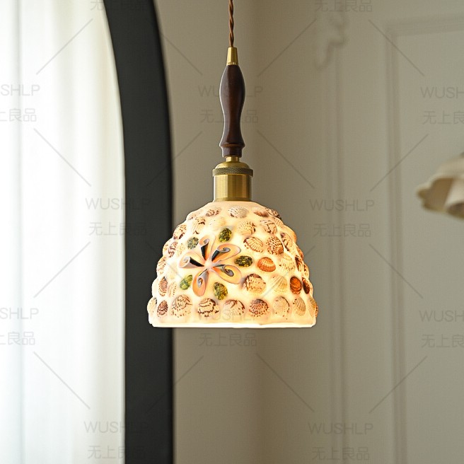 彩贝壳吊灯床头卧室主卧中古风北欧民宿创意玻璃过道网红吊线灯具