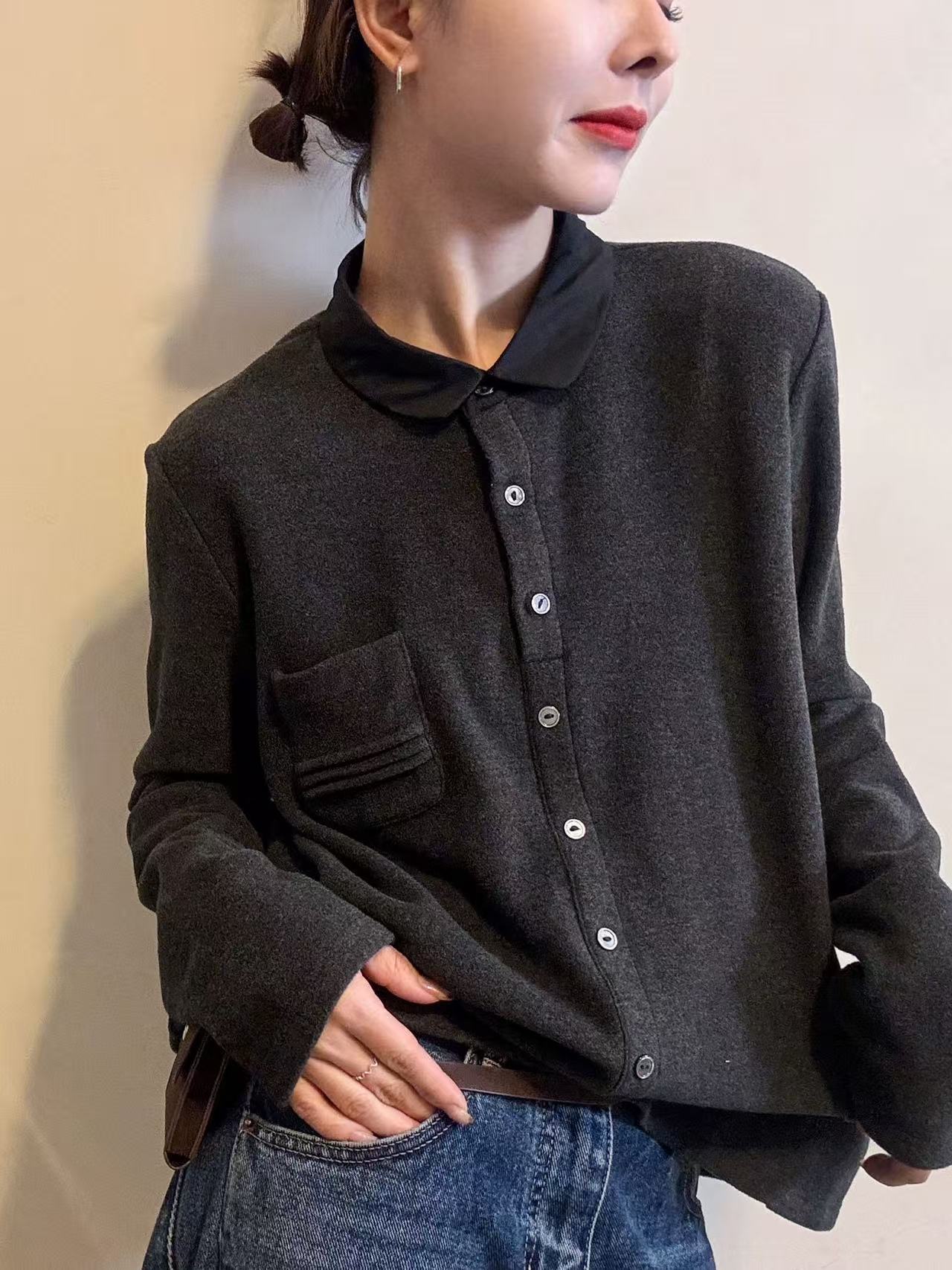 新款纯色小翻领口袋加厚德绒可外穿打底