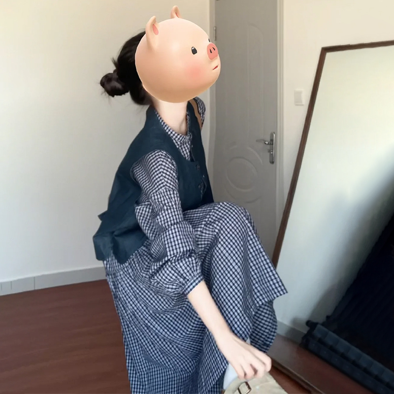 4661森系复古长袖格子连衣裙春款新款慵懒法式长裙初秋穿搭套装女