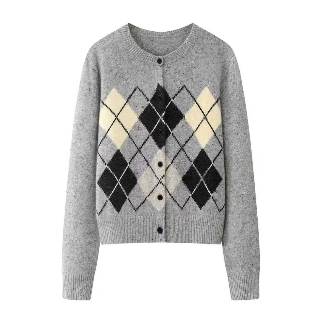 【1108】2025冬季秦岚同款菱格提花针织开衫女外套复古费尔岛毛衣