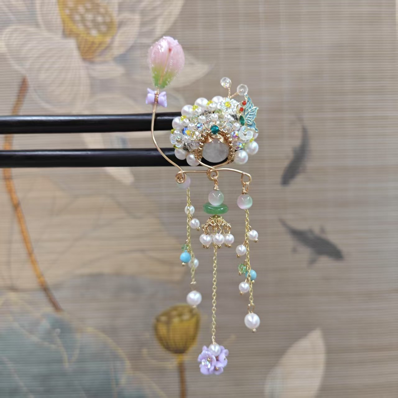 炑歌J458荷花刀马旦15公分双钗发簪发饰中式纯手工国风发簪