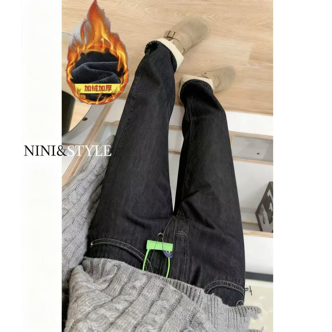 K380#满天星烫钻竹签棉一体绒加绒加厚阔腿牛仔女显瘦直筒拖地裤