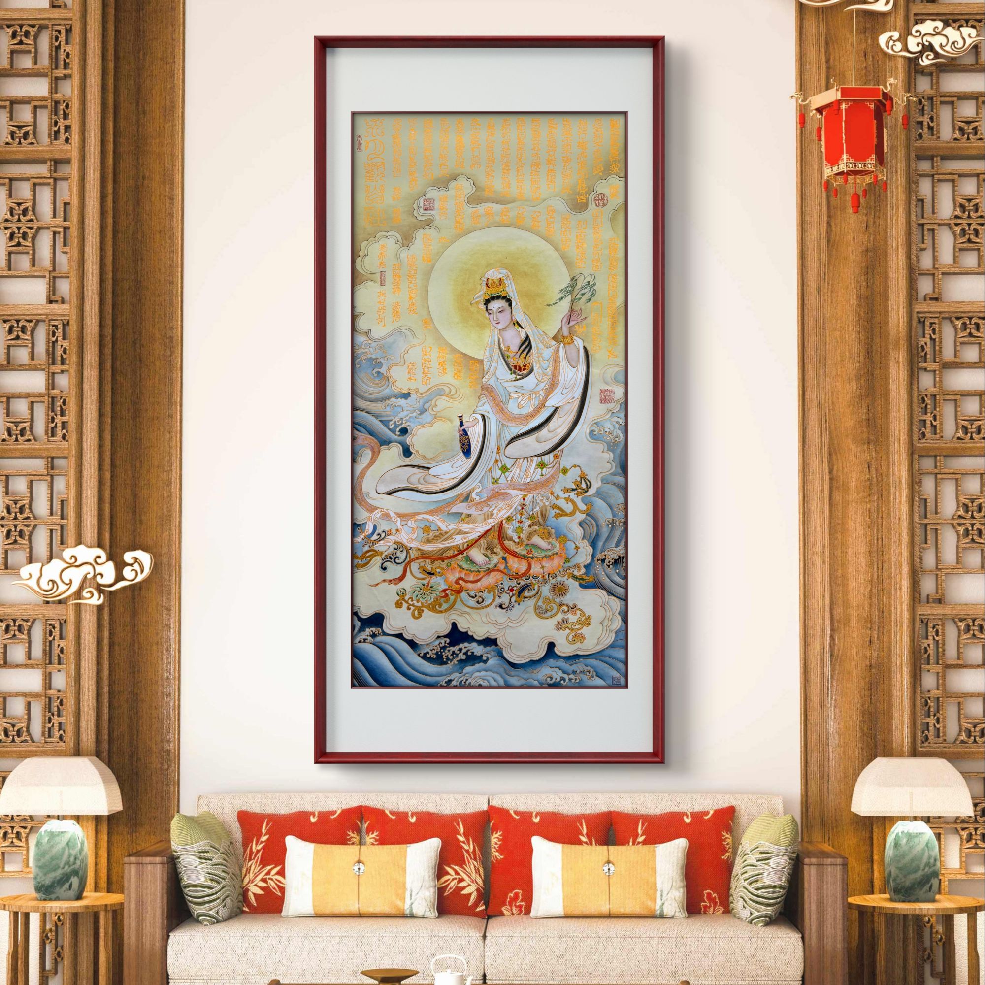 《水月观自在》杭州锦丝绫布软装裱