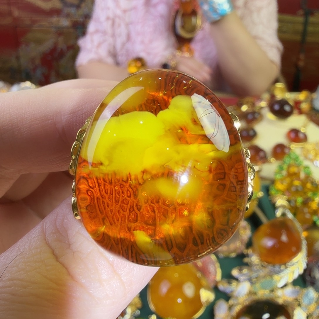 蜜蜡银S925镀金镶嵌戒指