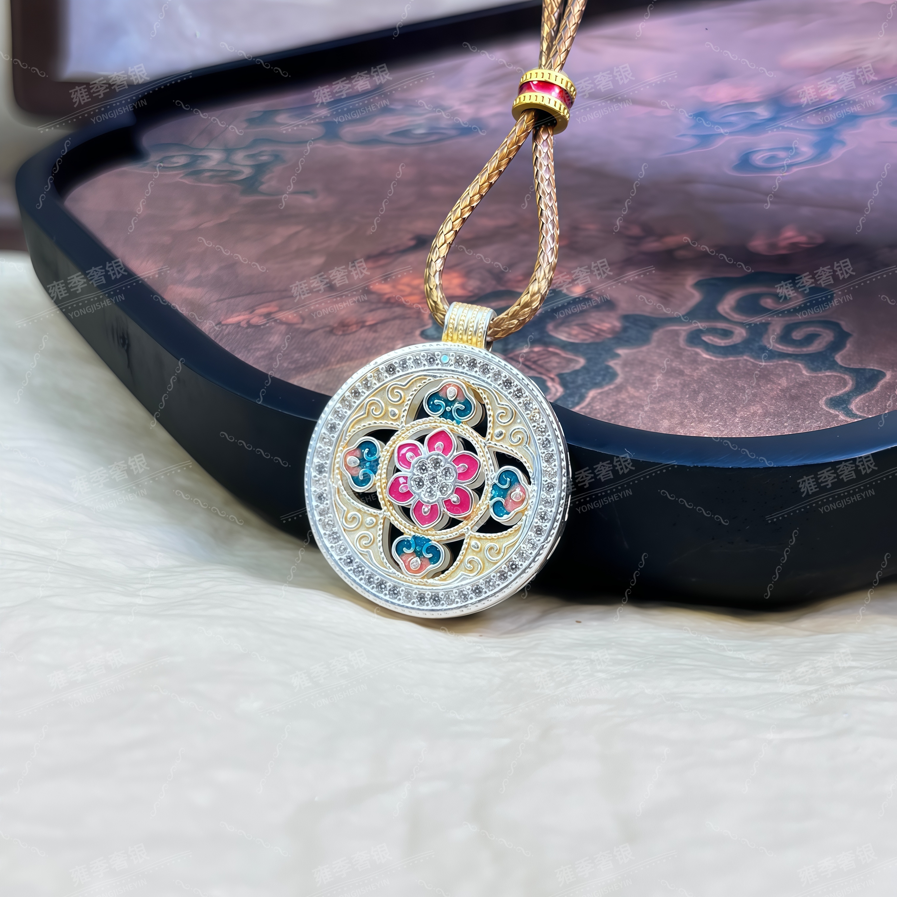 吊坠足银 【珐琅如意莲花】描金如意莲花微镶新中式国风足银吊坠链