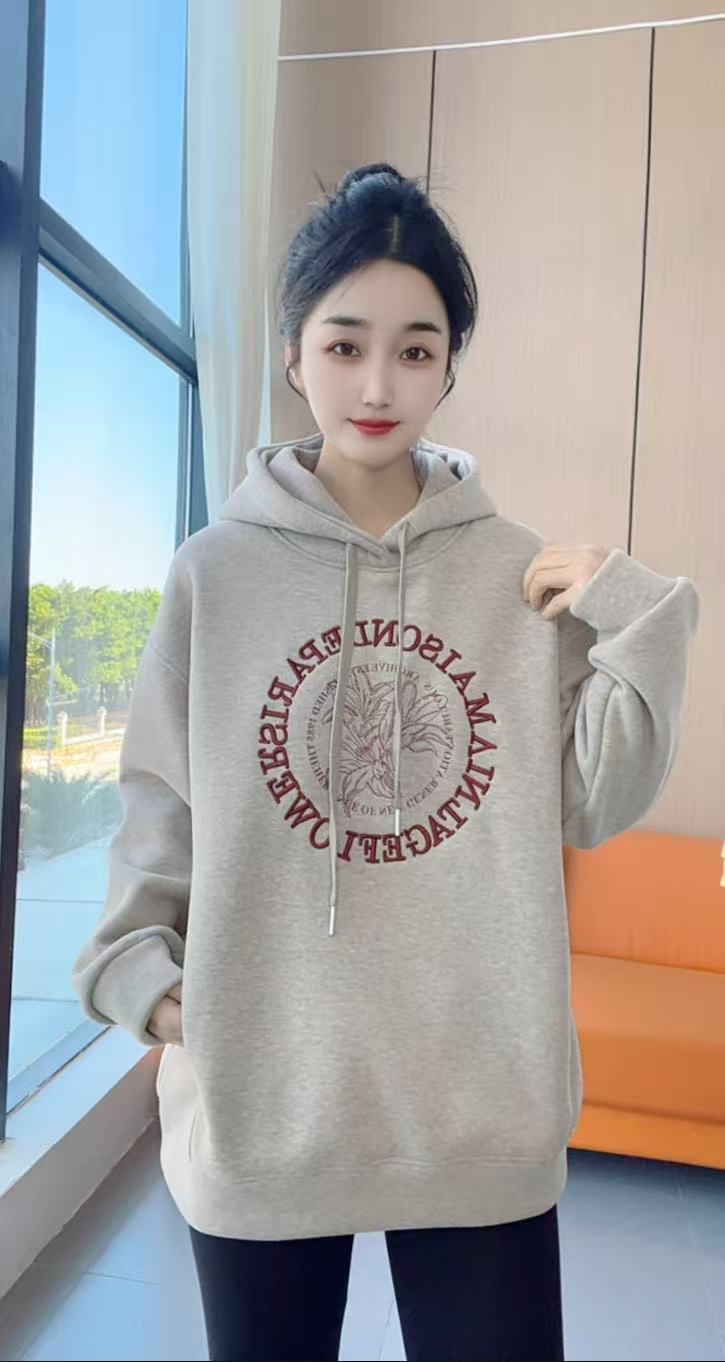 冬季新款【百合花】刺绣慵懒风中长款宽松大版连帽加绒卫衣 2677