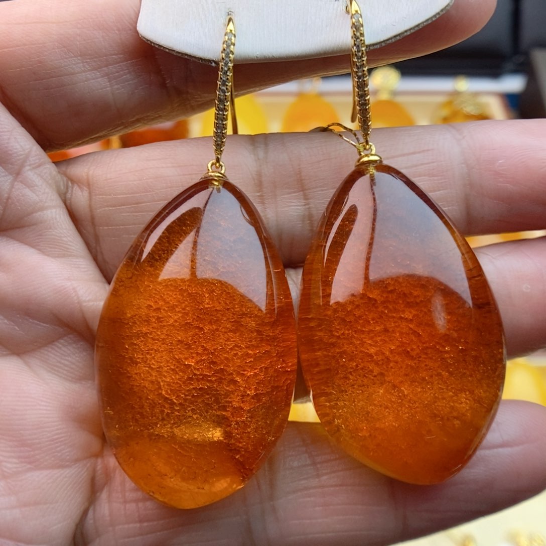琥珀耳饰银S925镀金镶嵌
