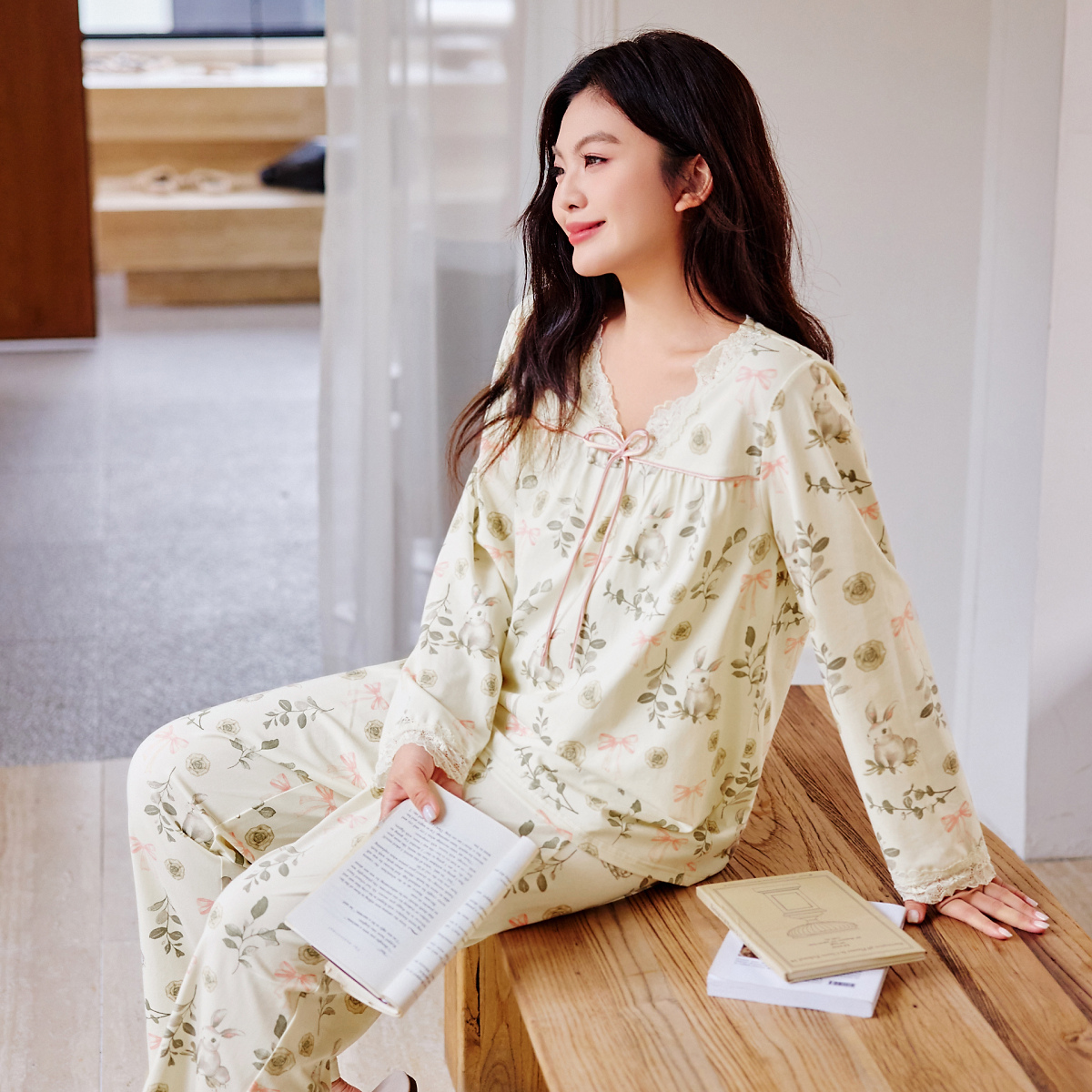 【现货蕾丝印花家居服套装】MsShe大码女装上衣长裤睡衣M2509053