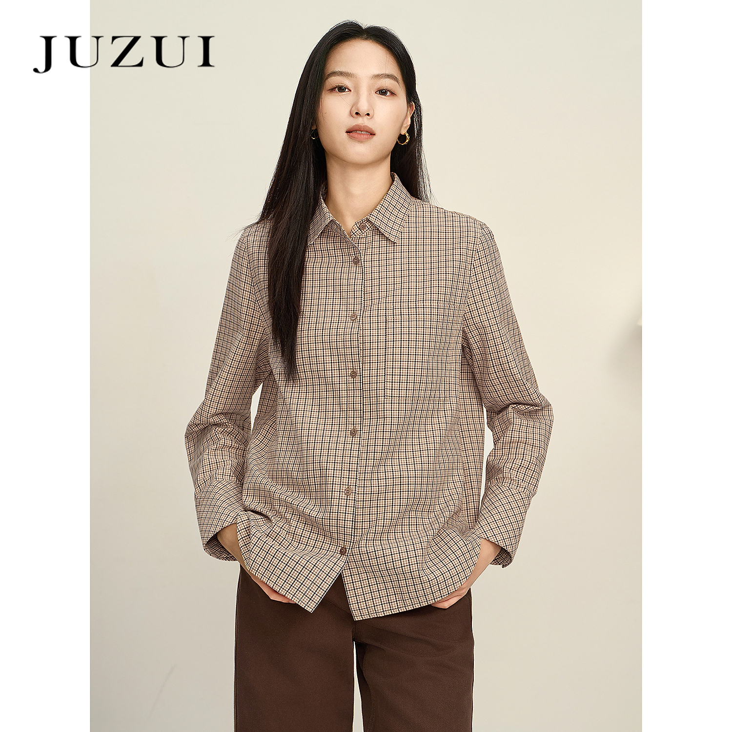 JUZUI玖姿文艺翻领小格子100%棉长袖衬衫女2025秋季新款JWFQ60118