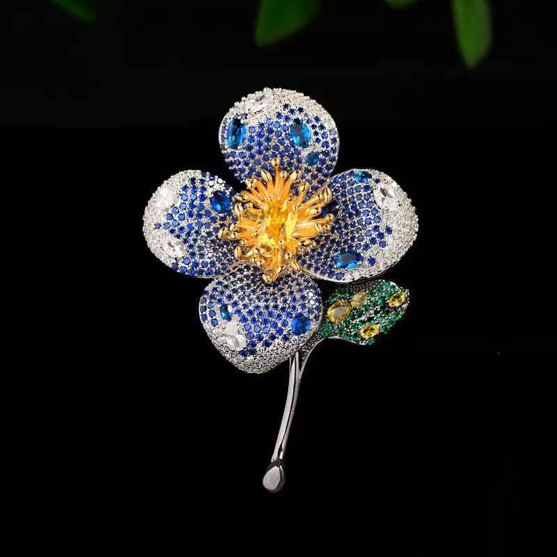 铜合金锆石胸针 1066新品重工高货花园系列蓝色紫色花朵大胸针