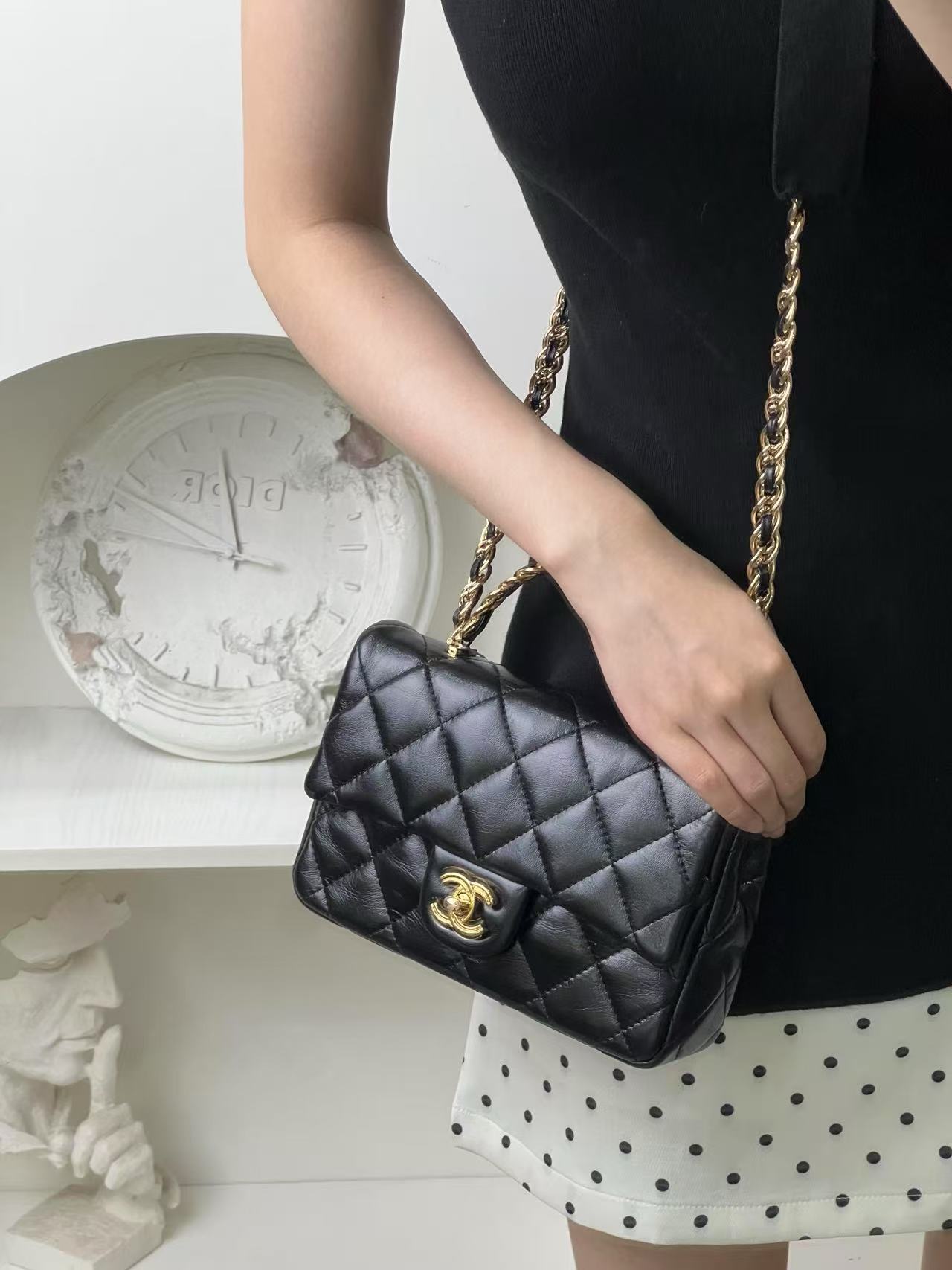 99新 Chanel/香奈儿 23s手柄大mini黑金油蜡皮单肩包/甄选