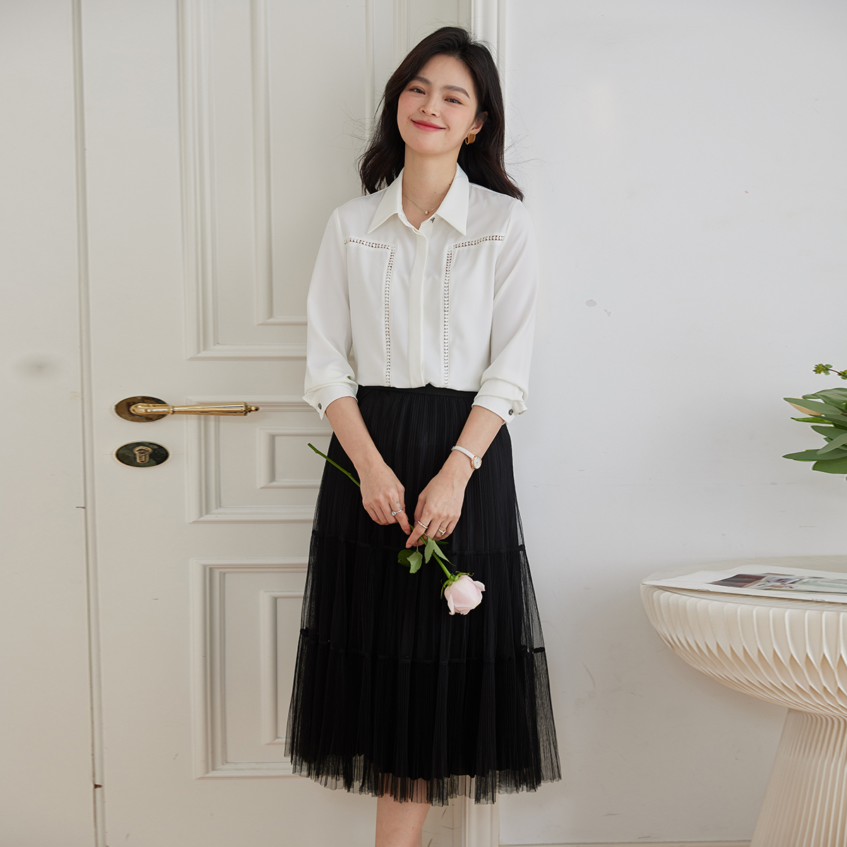 休闲百搭钉珠网纱裙大摆减龄裙子948