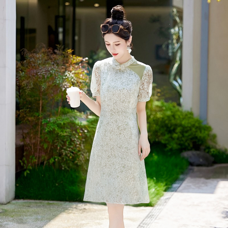 66586改良旗袍连衣裙女夏季新款高级感修身显瘦气质短袖蕾丝裙