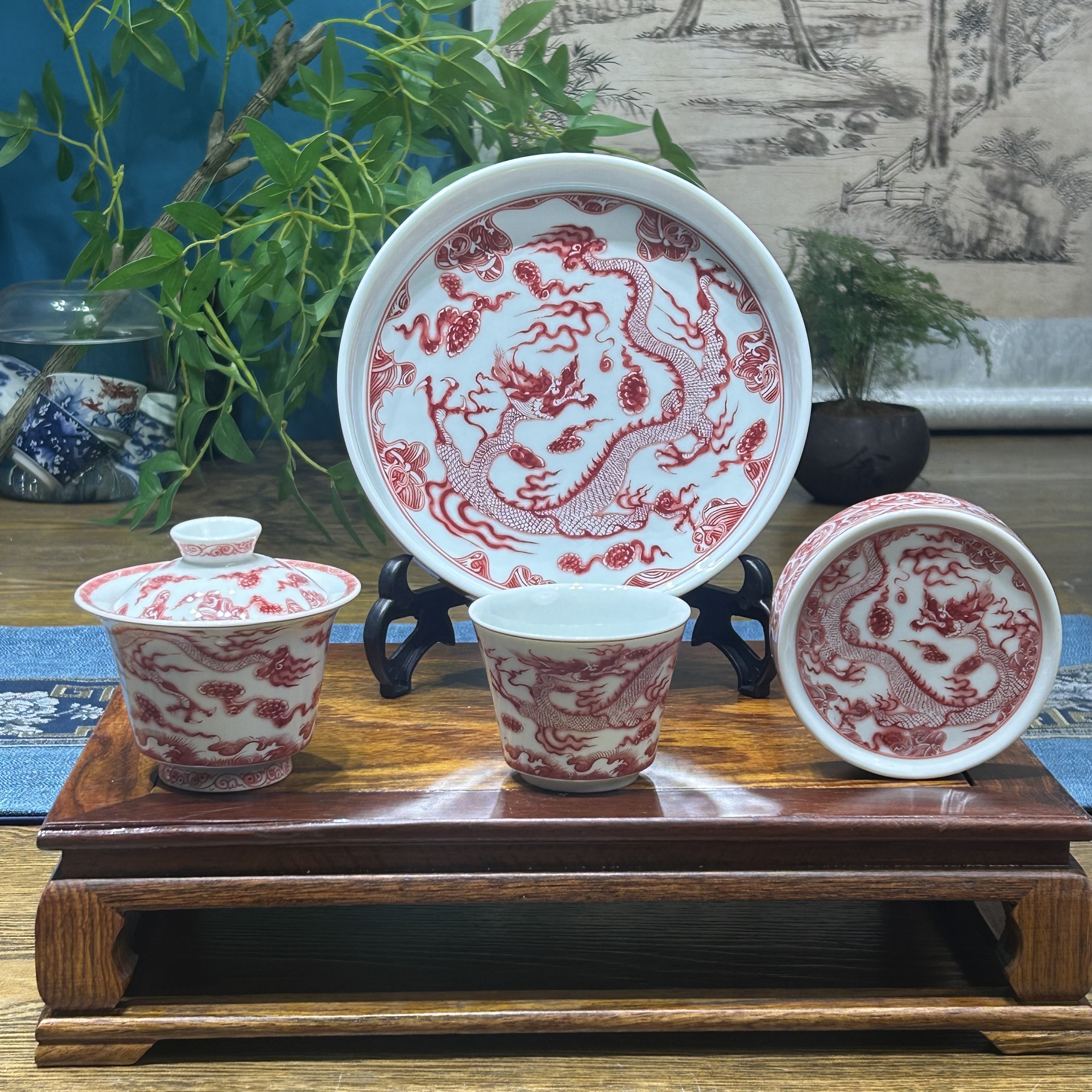 景德镇陶瓷釉里红仿元穿云龙茶具套组整套茶器家用高端茶器