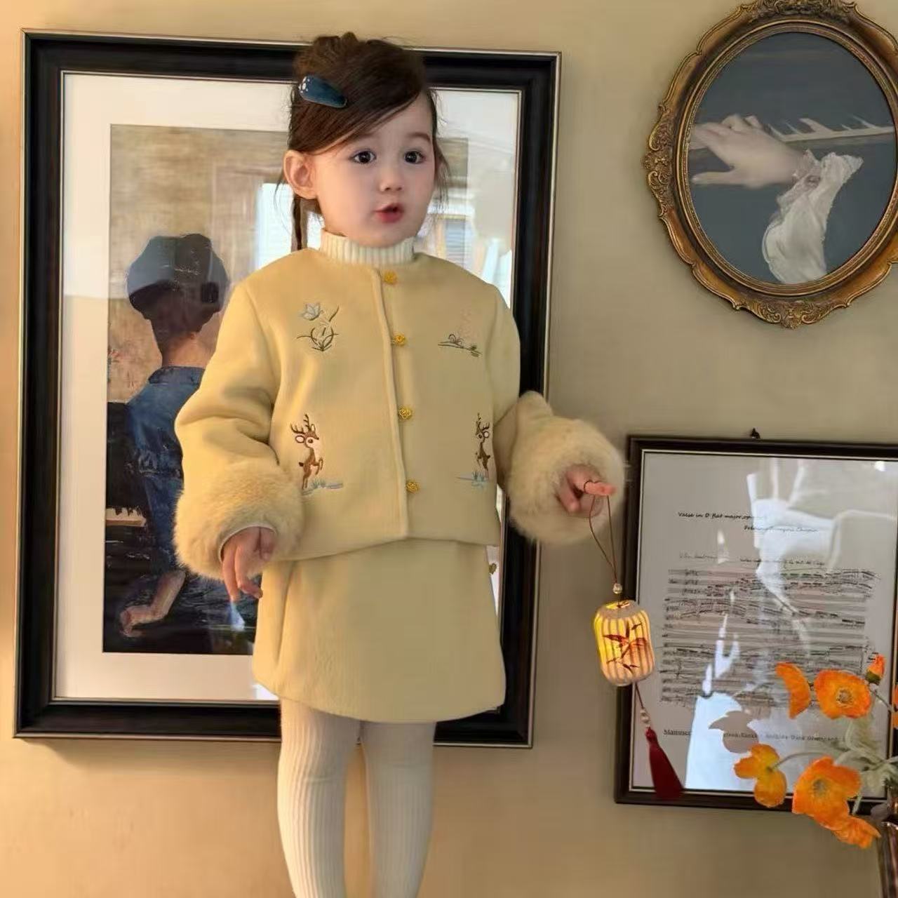 新中式国风女童套装冬季新款2025儿童香风毛呢外套两件套