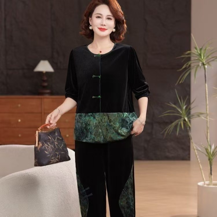 大码妈妈装盘扣金丝绒套装女2025春秋款中老年洋气套头拼接两件套