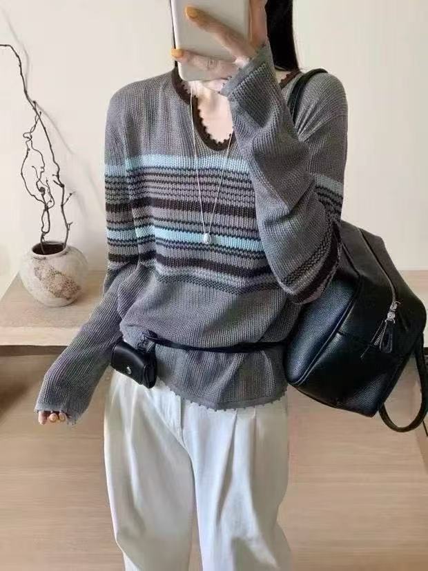 百搭韩系花边条纹针织