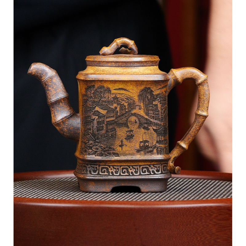 宜兴紫砂 四方竹鼎壶龙骨金砂 陈红