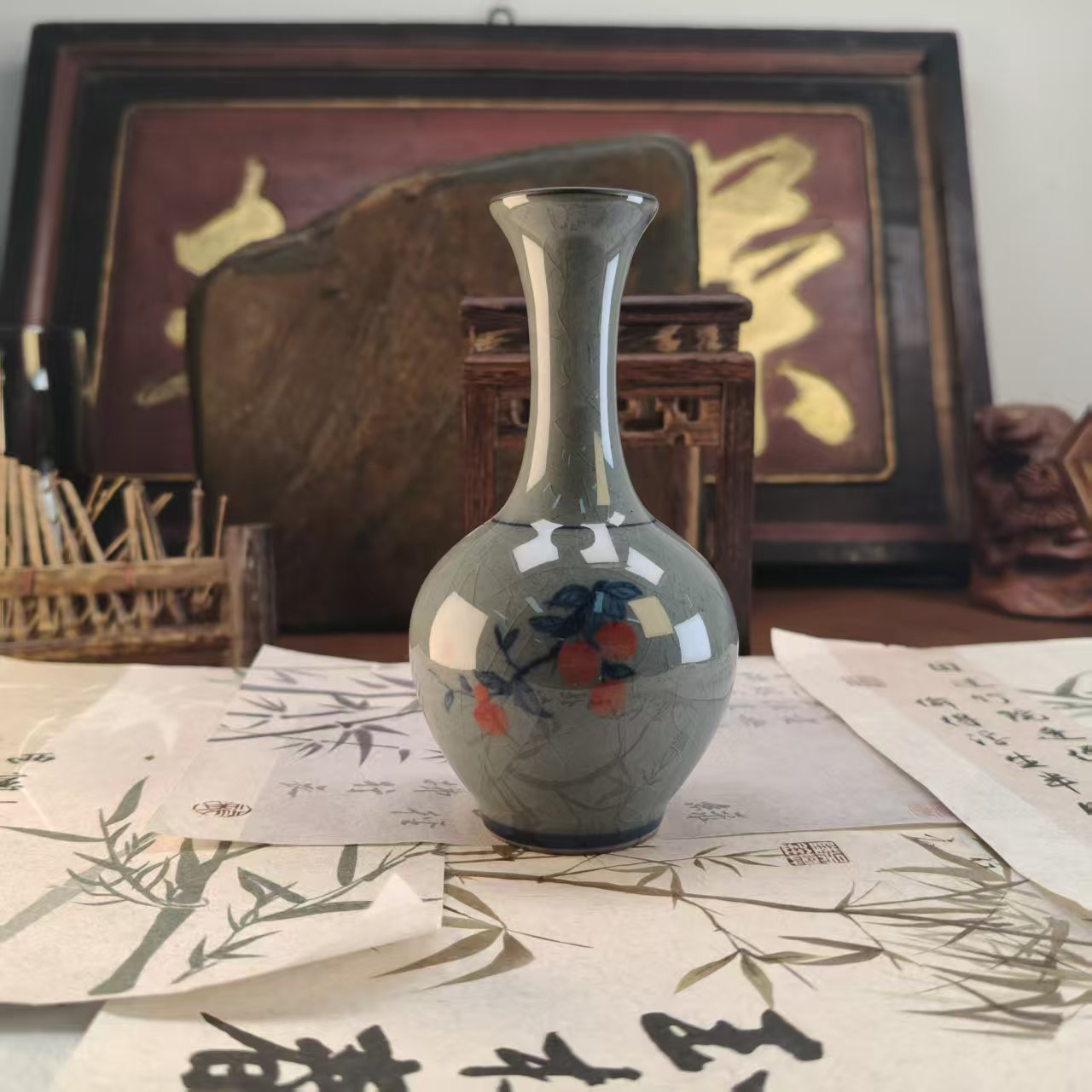 荔枝哥窑复古青花花插瓶-0078-直播专享