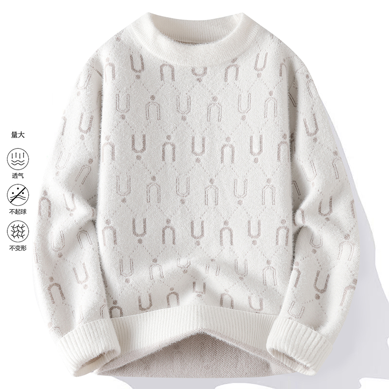 【水貂绒 高品质】加绒加厚冬季男士毛衣潮流印花宽松针织衫543