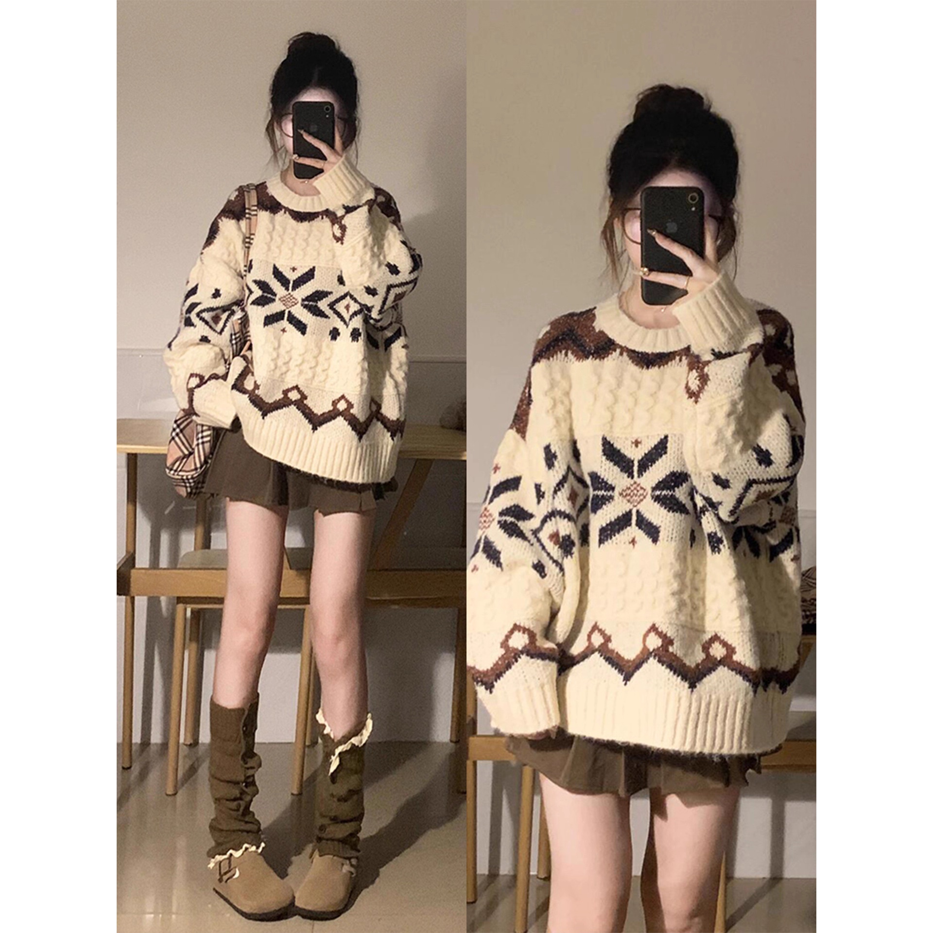 日系复古温柔风费尔岛软糯毛衣女秋冬加厚慵懒小众chic港味针织衫