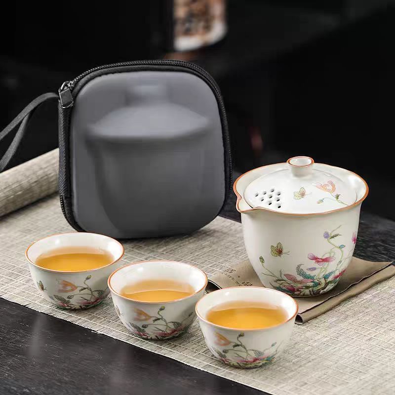 KK0448-汝窑虞美人手抓壶旅行套装便携式户外茶具盖碗一壶三杯