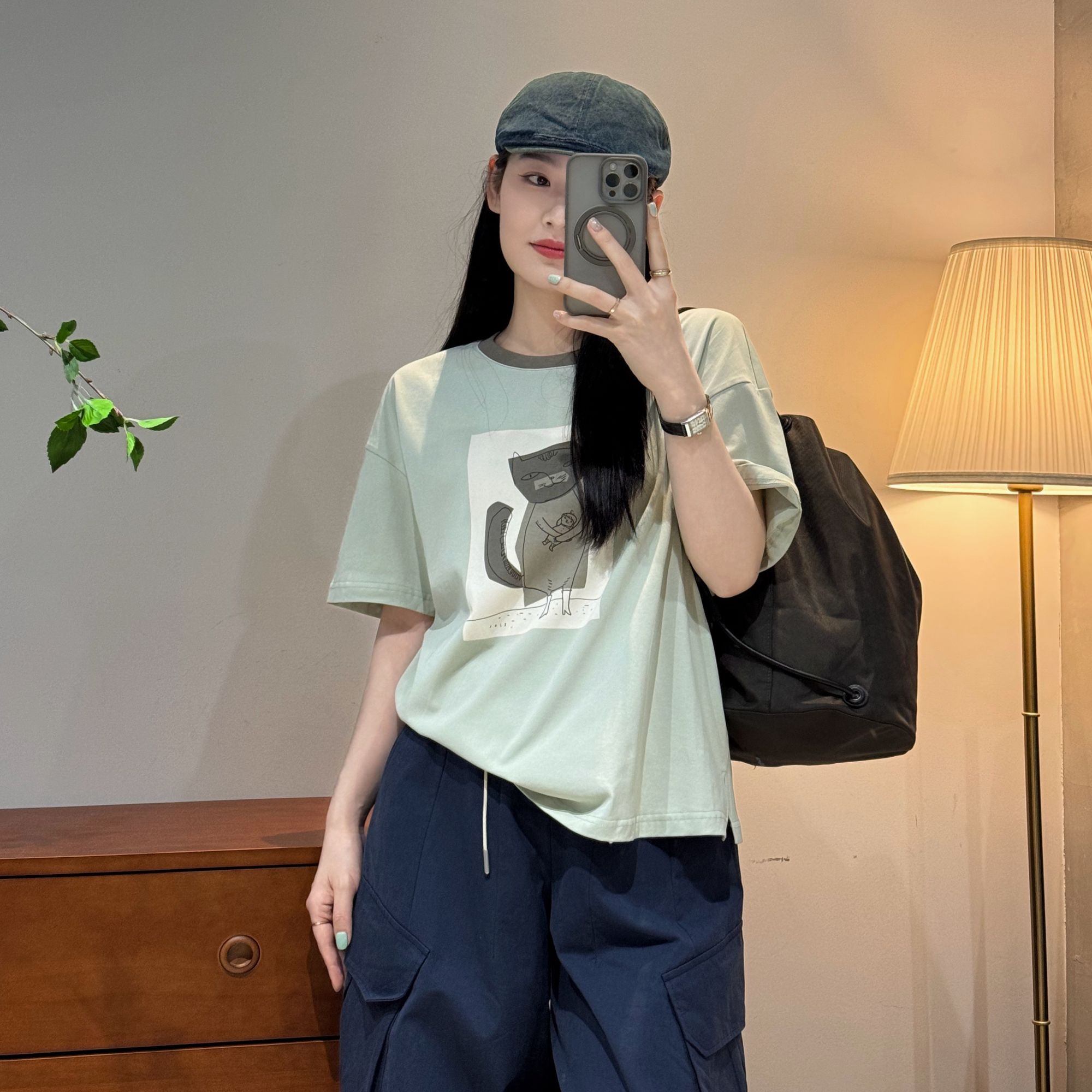 今婷韩系ins时尚休闲百搭宽松印花圆领简约纯棉短袖T恤-J25204303