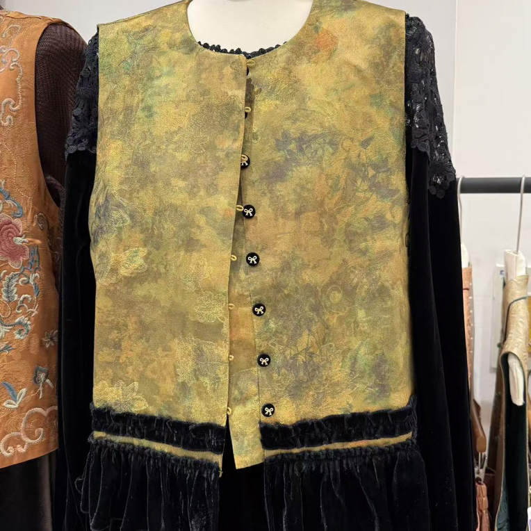 新中式国风提花缎面马甲女复古拼接立领无袖坎肩文艺马夹