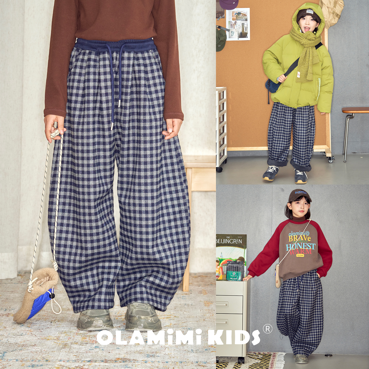 OLAMIMI儿童亲子2025冬复古格纹松紧腰抽绳加绒弯刀裤休闲长裤