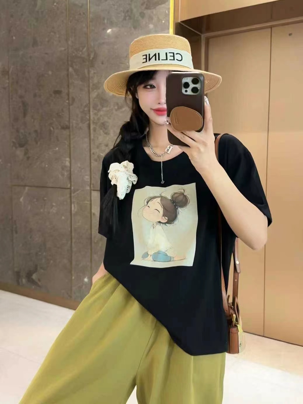 T恤静奢风盘发美女头印花韩版圆领百搭夏季短袖杂志风大版女装