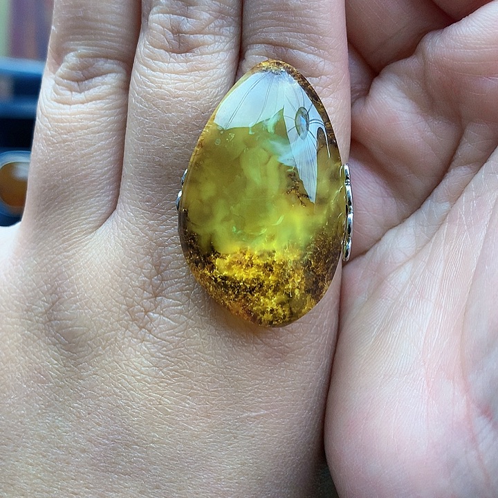 琥珀裸石银S925镶嵌戒指