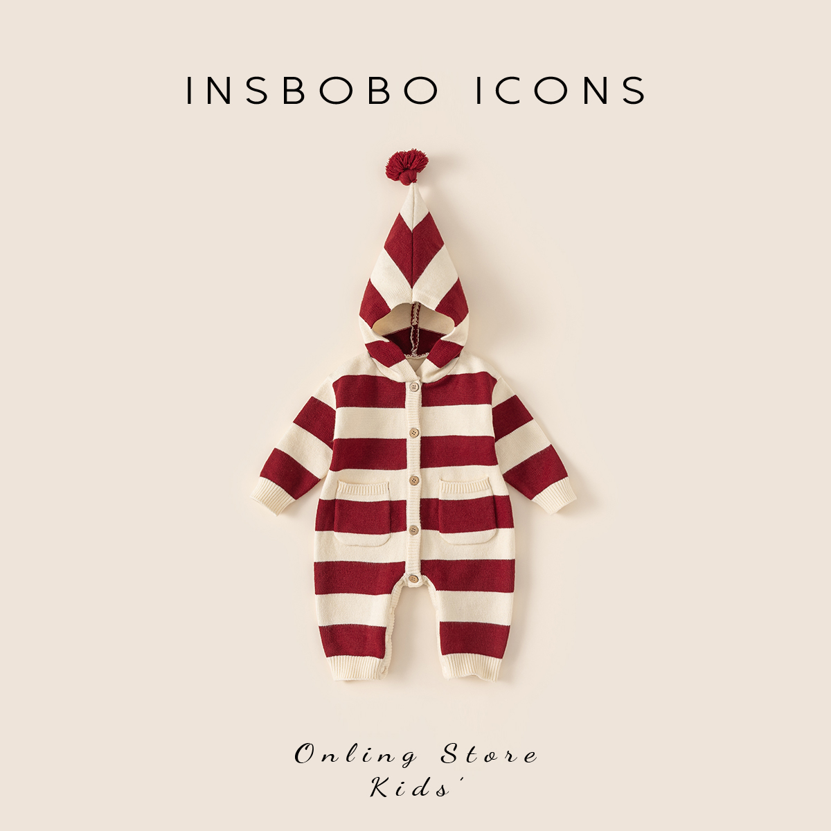 INSbobo儿童连体爬服保暖冬季休闲洋气连帽条纹毛衣爬服潮DY15041