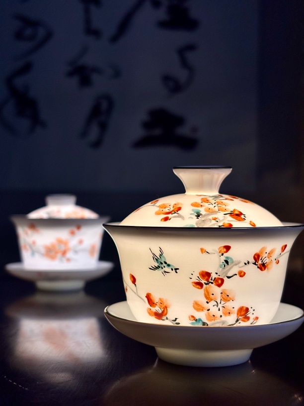 潮州功夫茶杯茶具家用高档泡茶杯手绘陶瓷梅花薄杯手绘梅花盖碗
