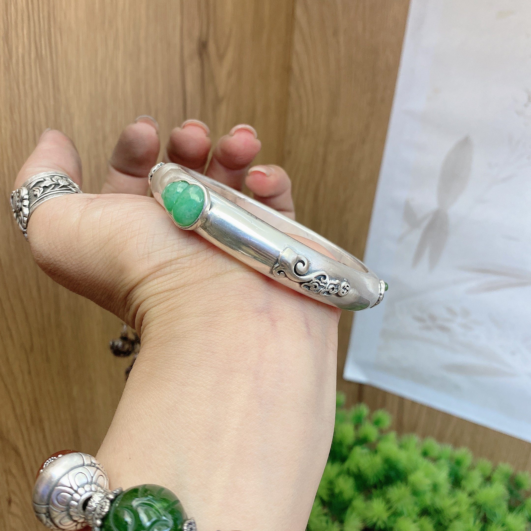 足银手镯 英英手工錾刻银手镯