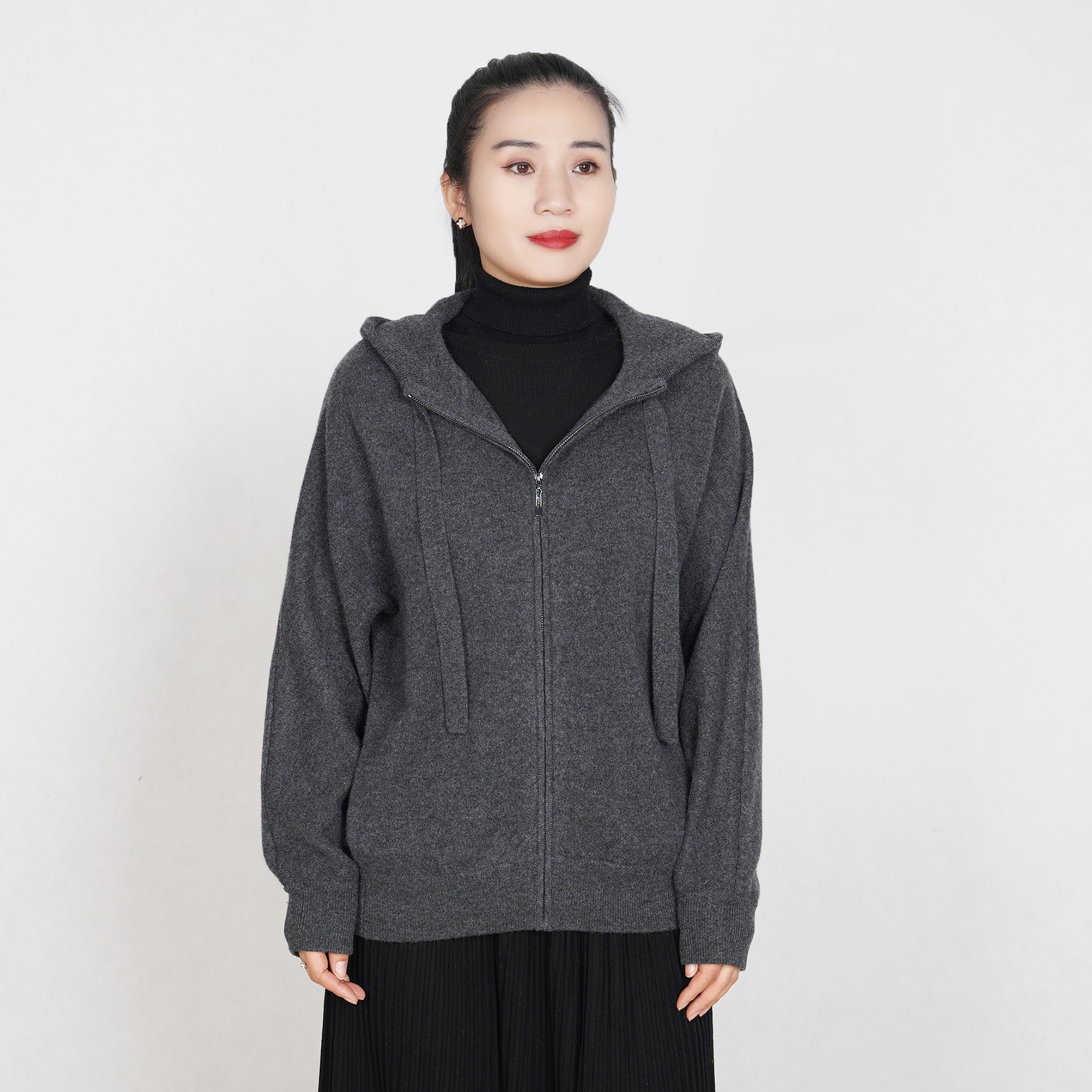 TALMUS/塔拉牧丝山羊绒女士拉链帽衫针织休闲百搭连帽宽松拉链