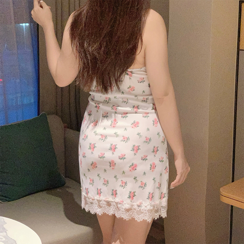 大码内衣夏季纯欲少女碎花舒适吊带显瘦蕾丝花边连衣睡裙性感