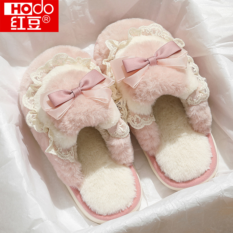 红豆棉拖鞋女士秋冬季2025新款室内家居防滑厚底毛绒保暖拖鞋冬天