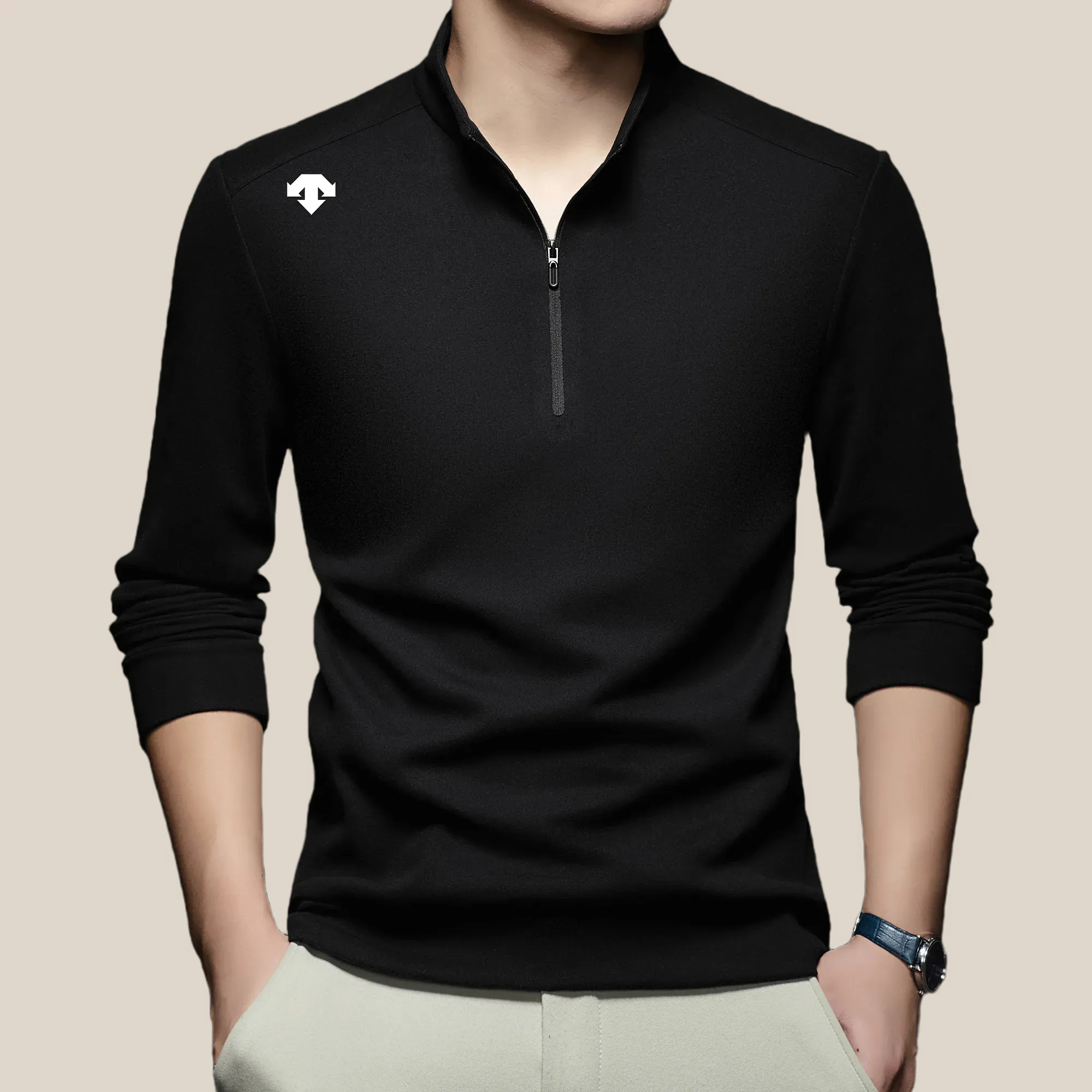 【专柜同款】迪桑男士长袖T恤秋季拉链立领polo衫纯色百搭打底上衣