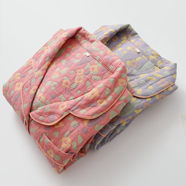 提花色织夹棉睡衣女士秋冬三层空气棉翻领覆古长袖长裤保暖家居服