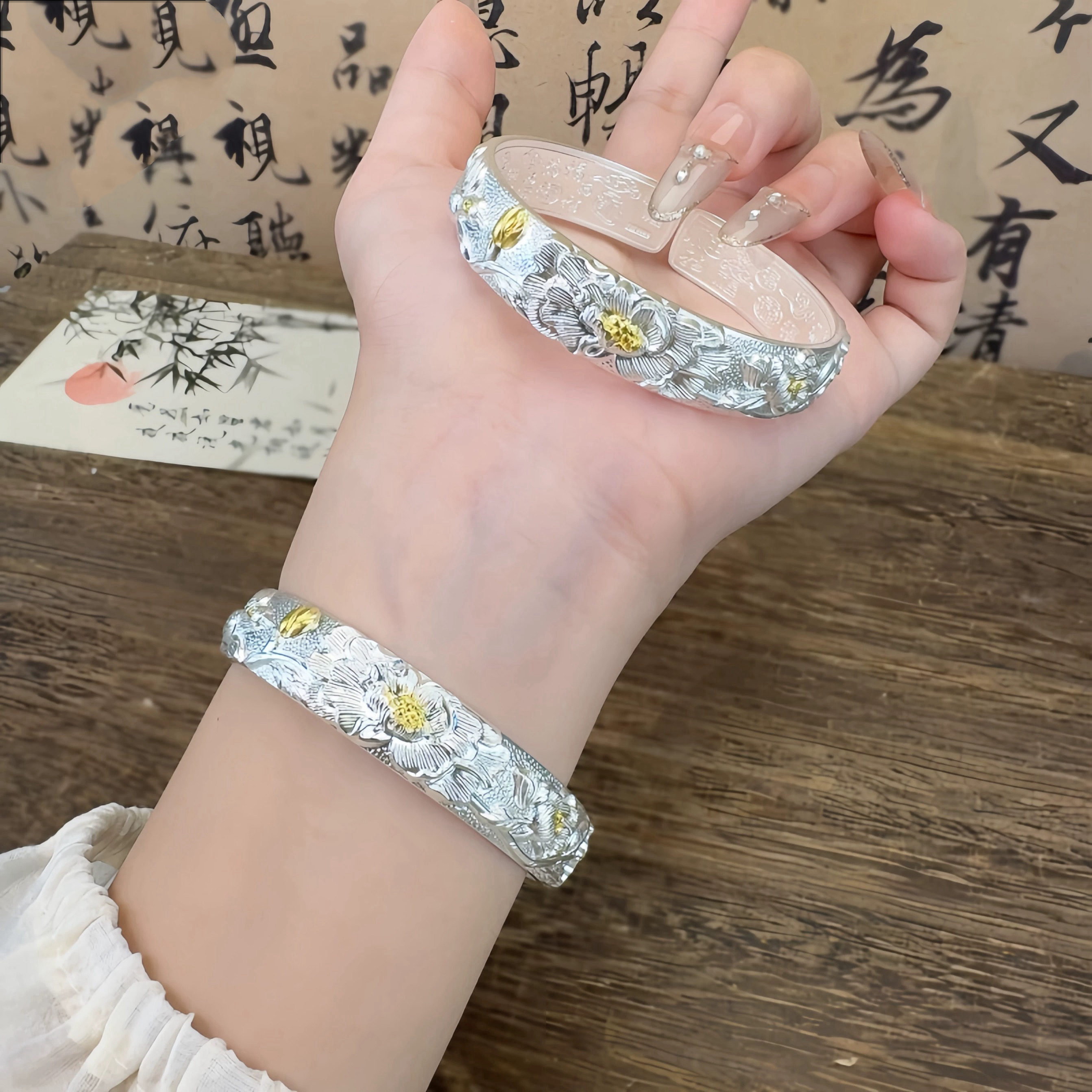 足银手镯 古法描金银手镯999.9纯银分色牡丹双鸟百福银镯子新中式