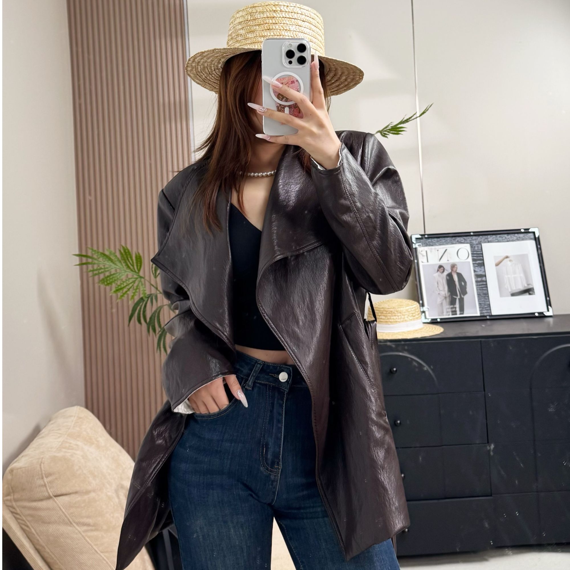 2025薄款新款韩版复古大翻领高级设计感系带皮衣收腰百搭外套9911