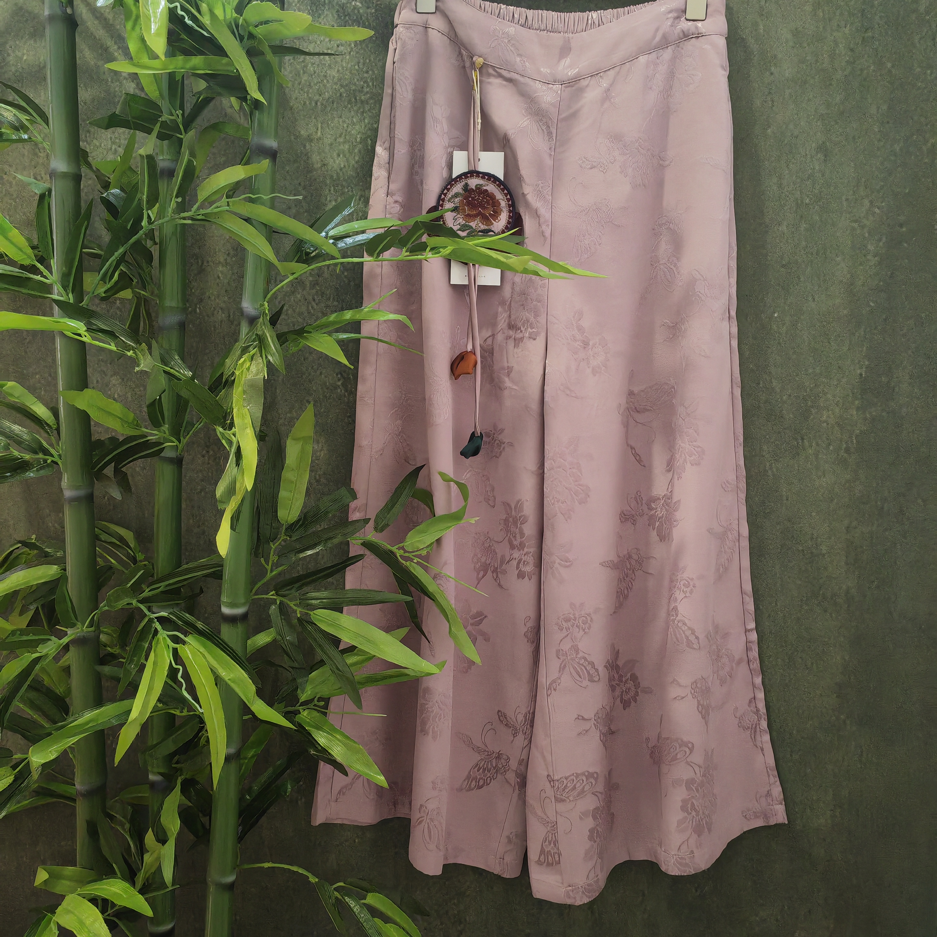 中式国风松紧腰提花缎九分阔腿裤