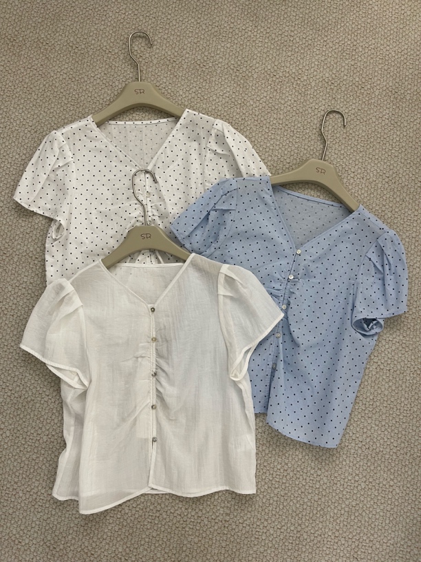 炸款～诗苒亚麻显瘦泡泡袖圆点小衫2779