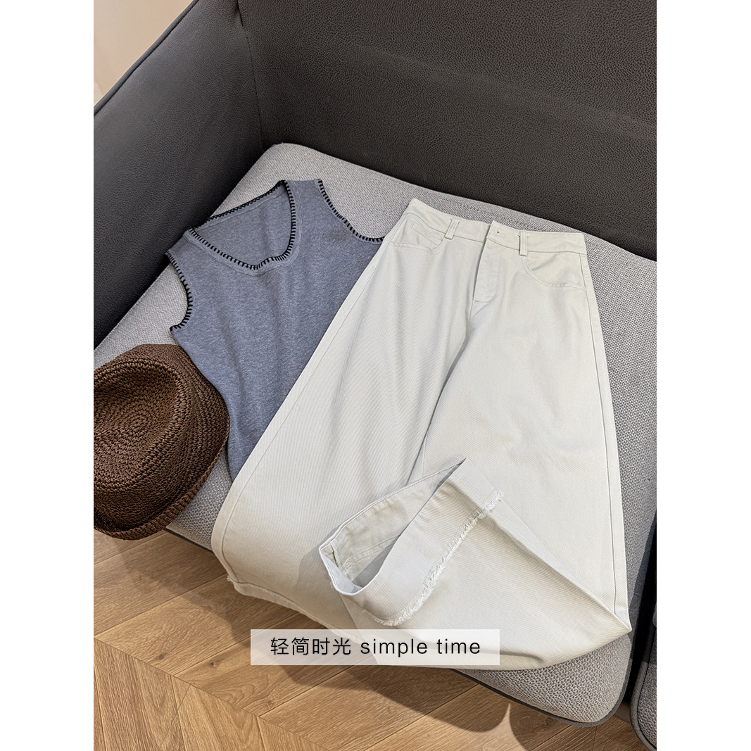 “”九分毛边休闲裤“”洗水棉高腰百搭棉裤长裤女高品质裤子