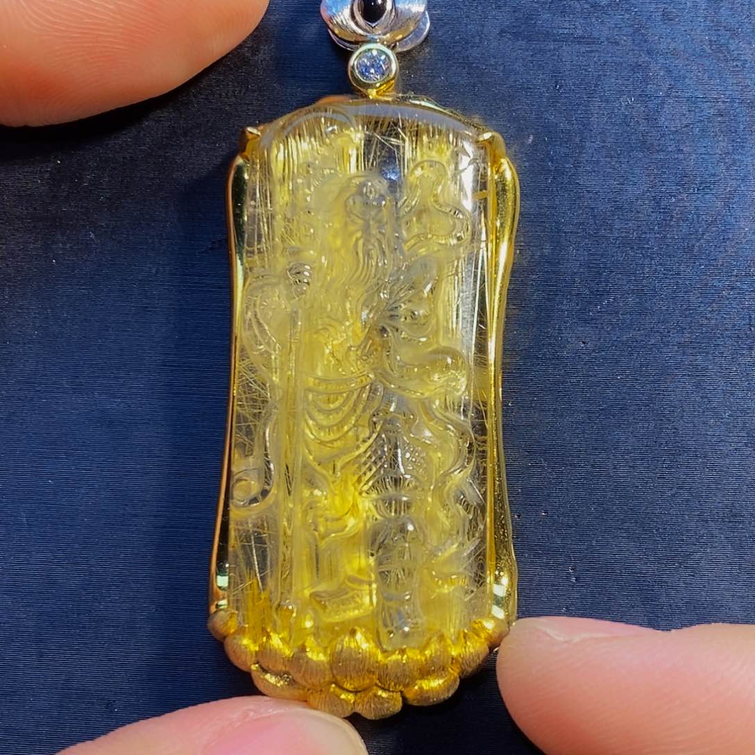 水晶颈饰银S925镶嵌天然钛晶关公吊坠