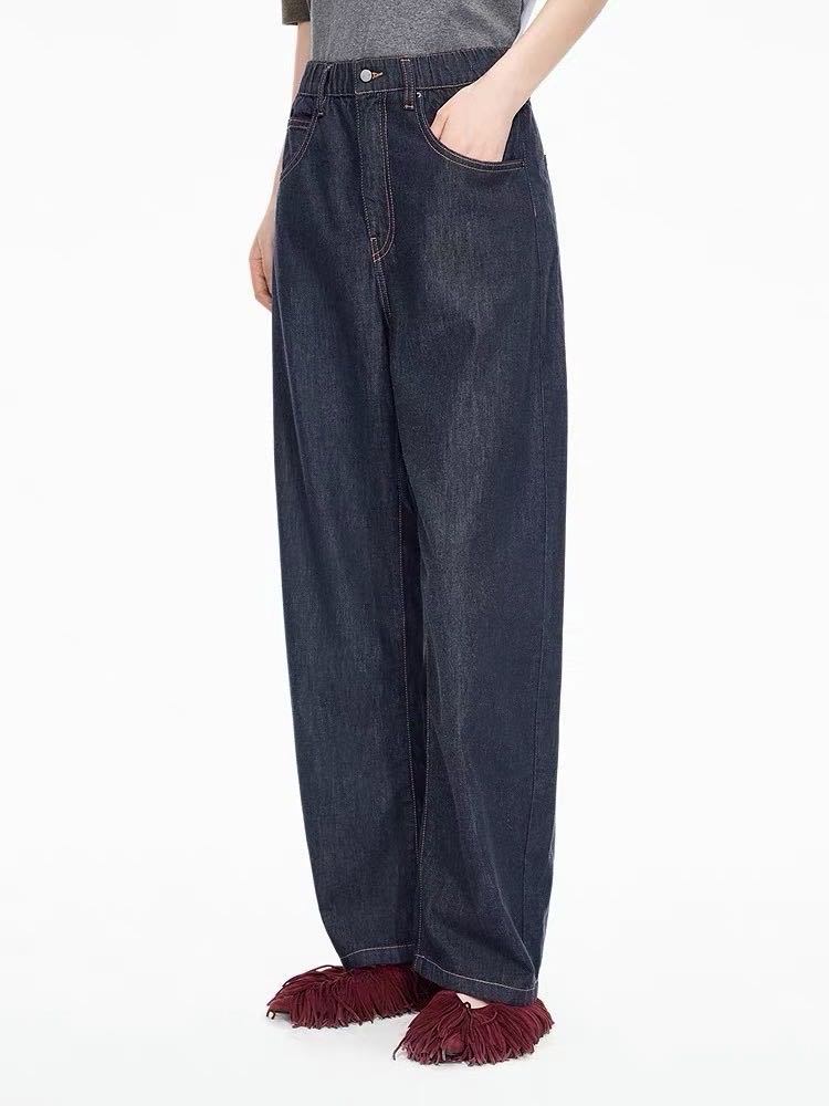 夏季高腰牛仔女休闲简约通勤复古百搭弹力松紧腰弯刀裤