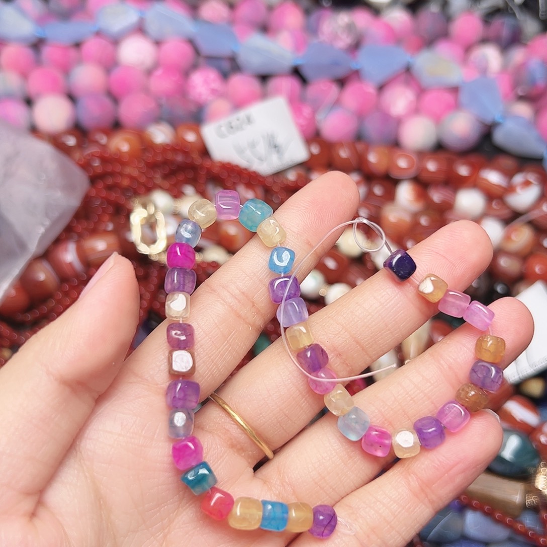 玛瑙/玉髓合金珠宝半成品C675 5mm天然多宝方糖一条