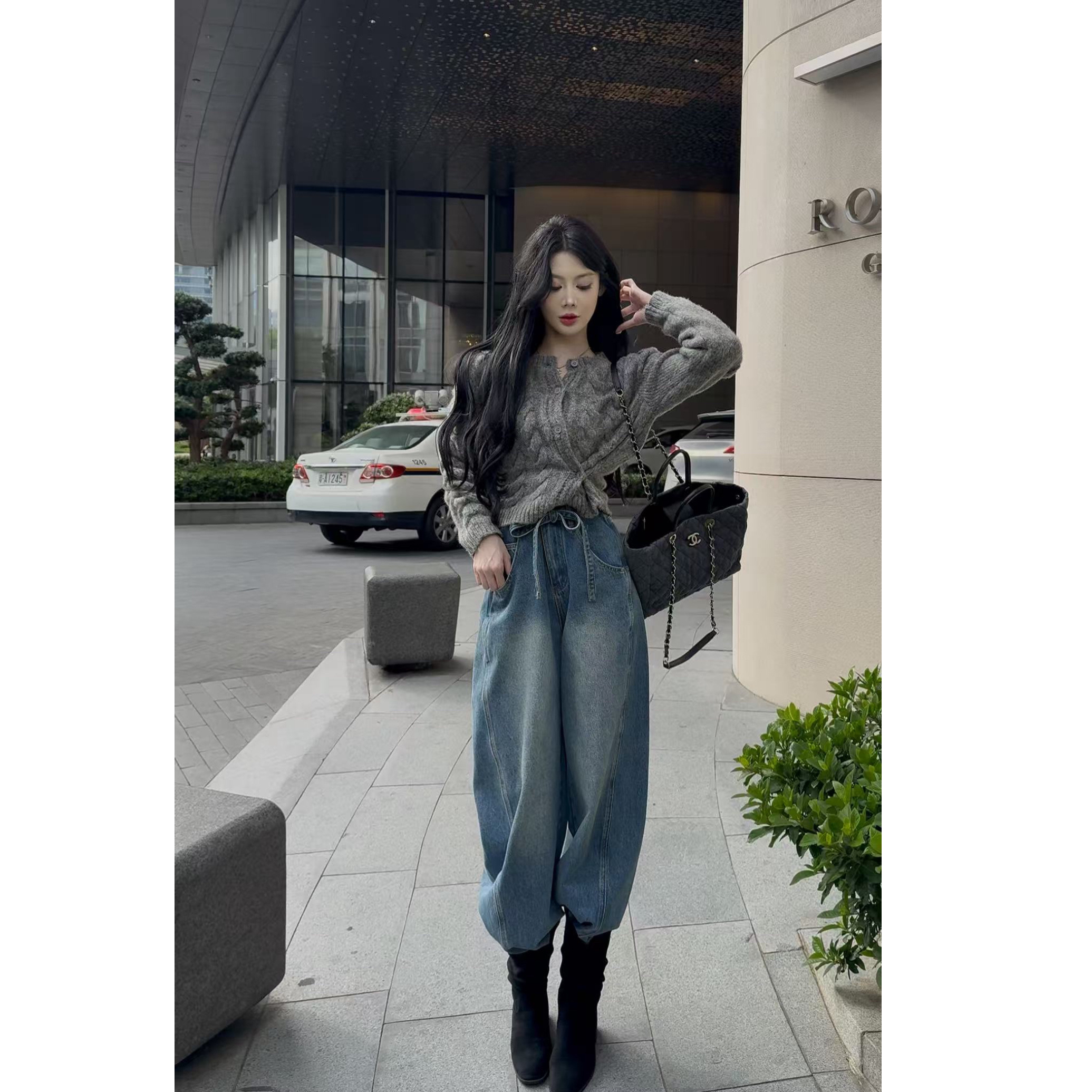 【专属】灰色钮扣麻花毛衣气质针织