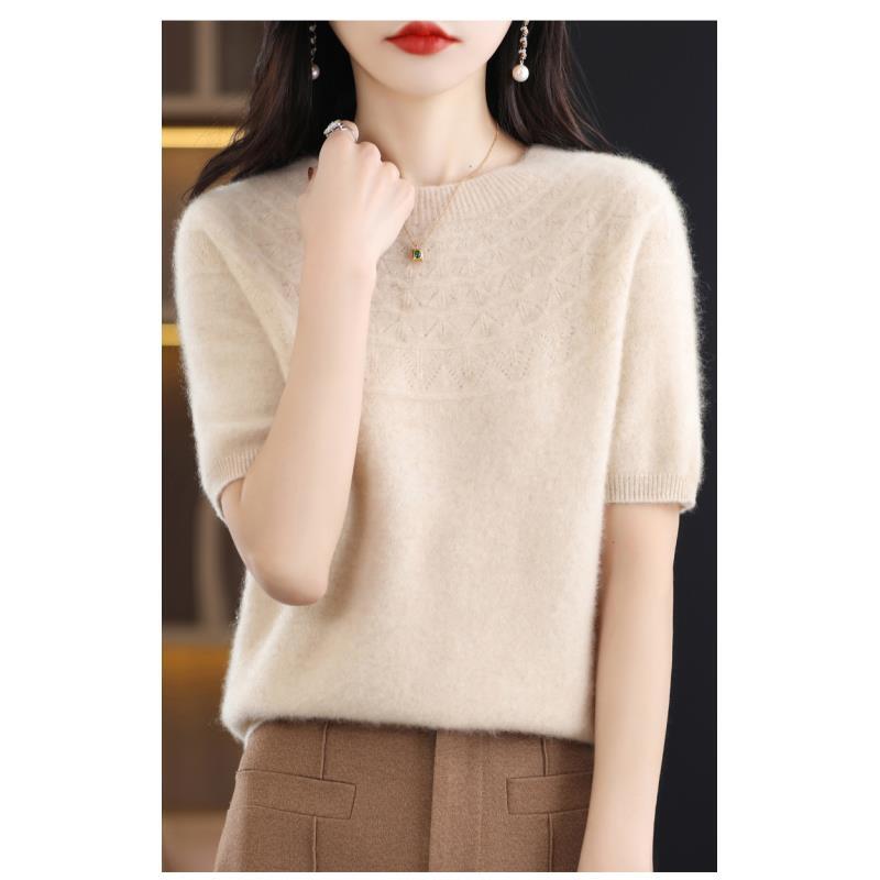 100%羊毛一线成衣镂空女士圆领短袖D172