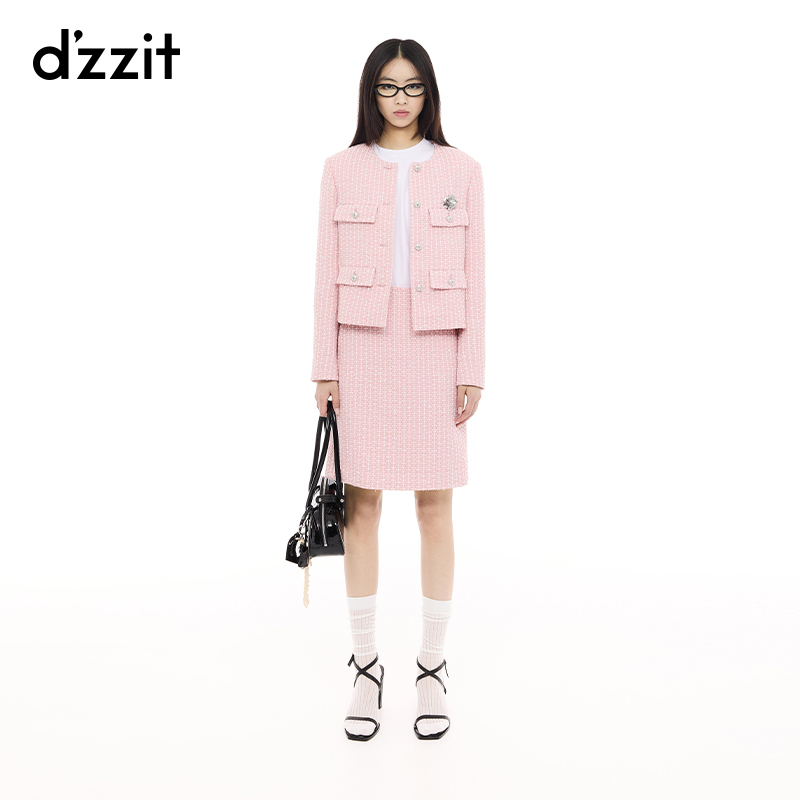dzzit地素短外套25春新款小香风珠片银葱粗花呢粉红色女3J1F408
